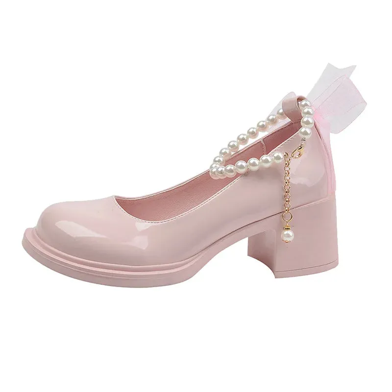 Amozae-Pearls High Heeled Mary Jane Shoes Bow Tie Chunky Heel Sandals Square Toe Black Fashion High Heel Sandals Women's Sandals 2023