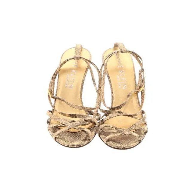 Anne Klein Metallic Gold Strappy Lizard Open Toe Slip On Pumps Sandals Size Us