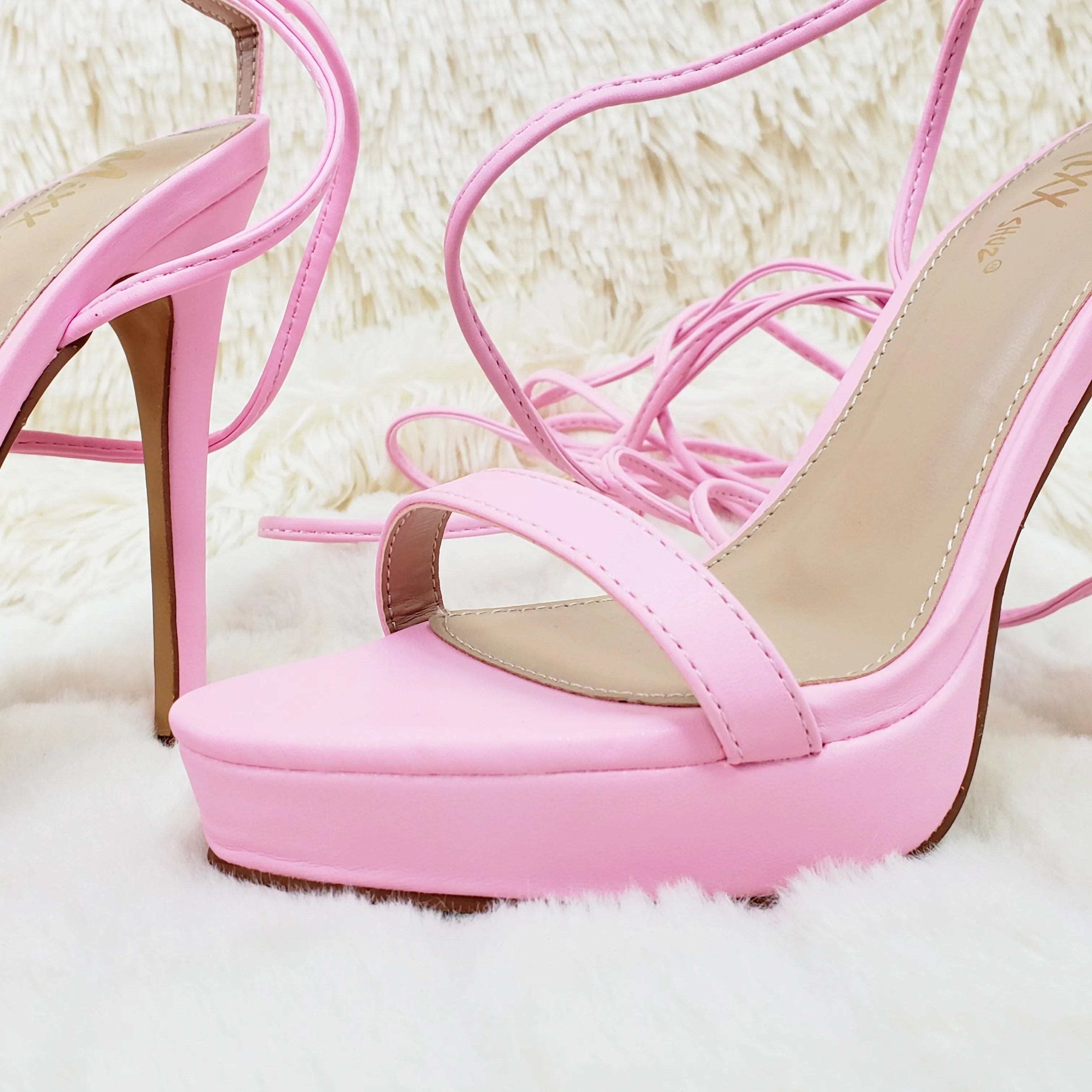 Baby Pink Long Lace Strappy High Heel Sandals