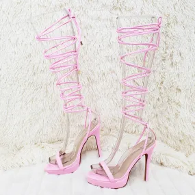 Baby Pink Long Lace Strappy High Heel Sandals
