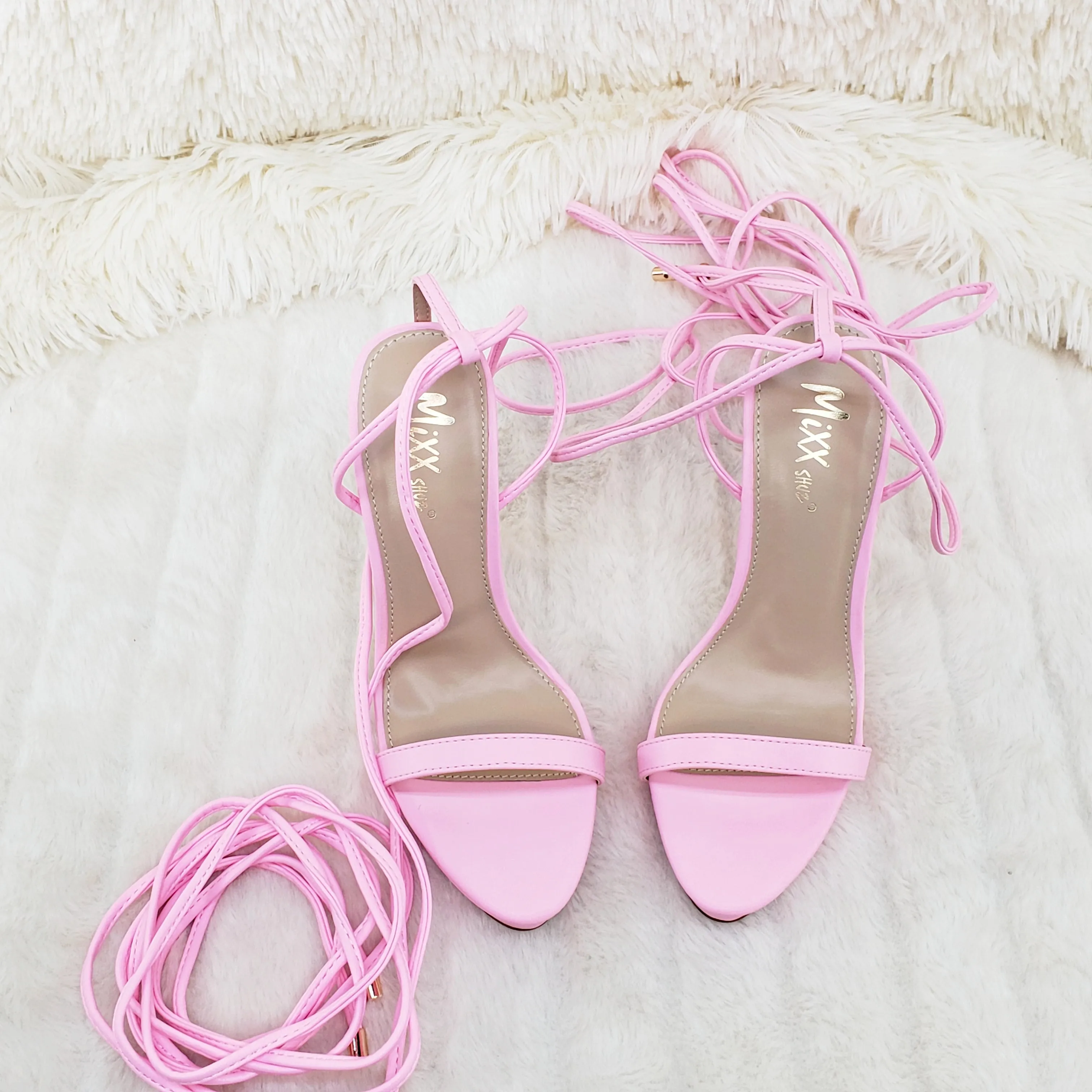 Baby Pink Long Lace Strappy High Heel Sandals