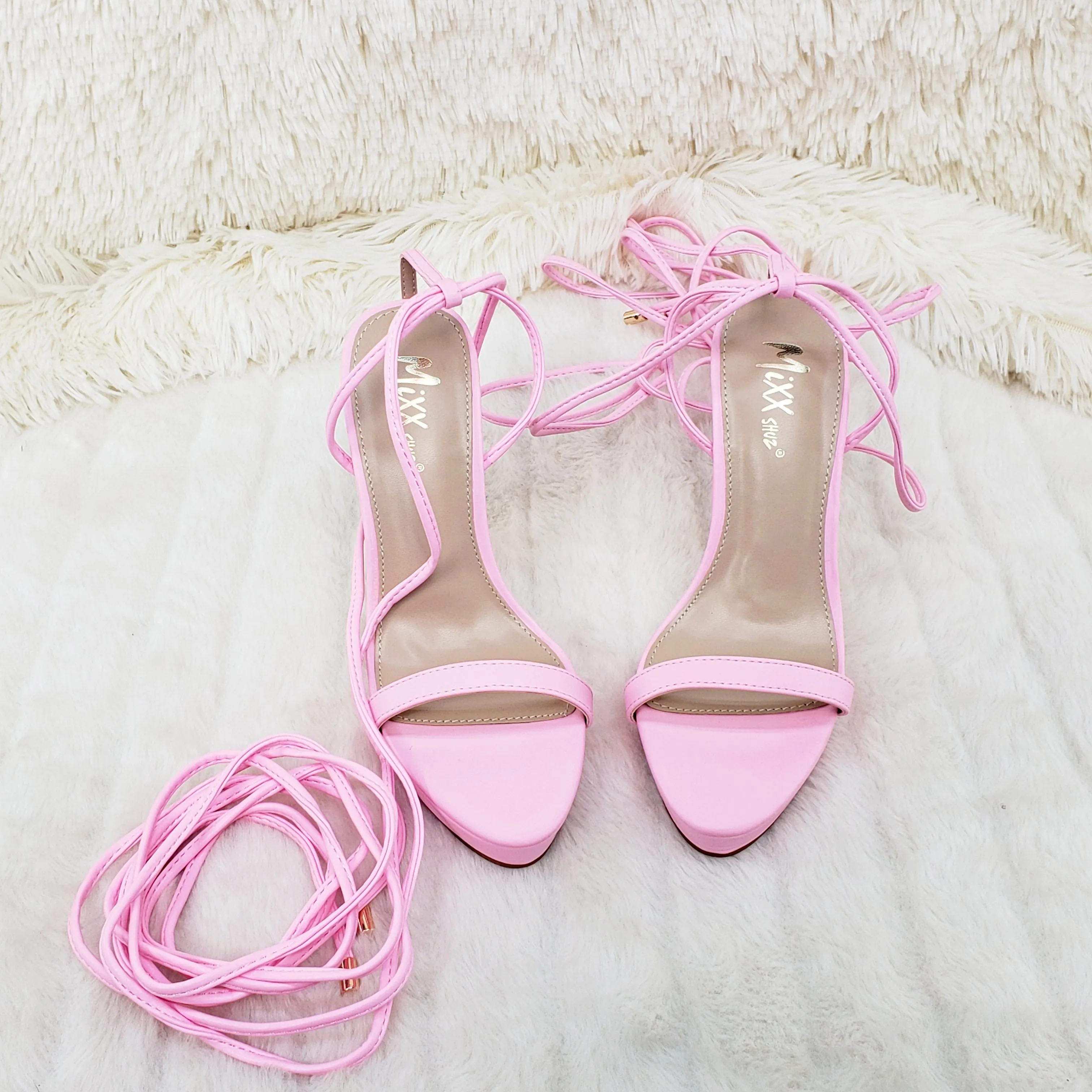 Baby Pink Long Lace Strappy High Heel Sandals