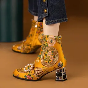 Bohemia vintage satin embroidery block heels boots decorated with pearls and rhinestone