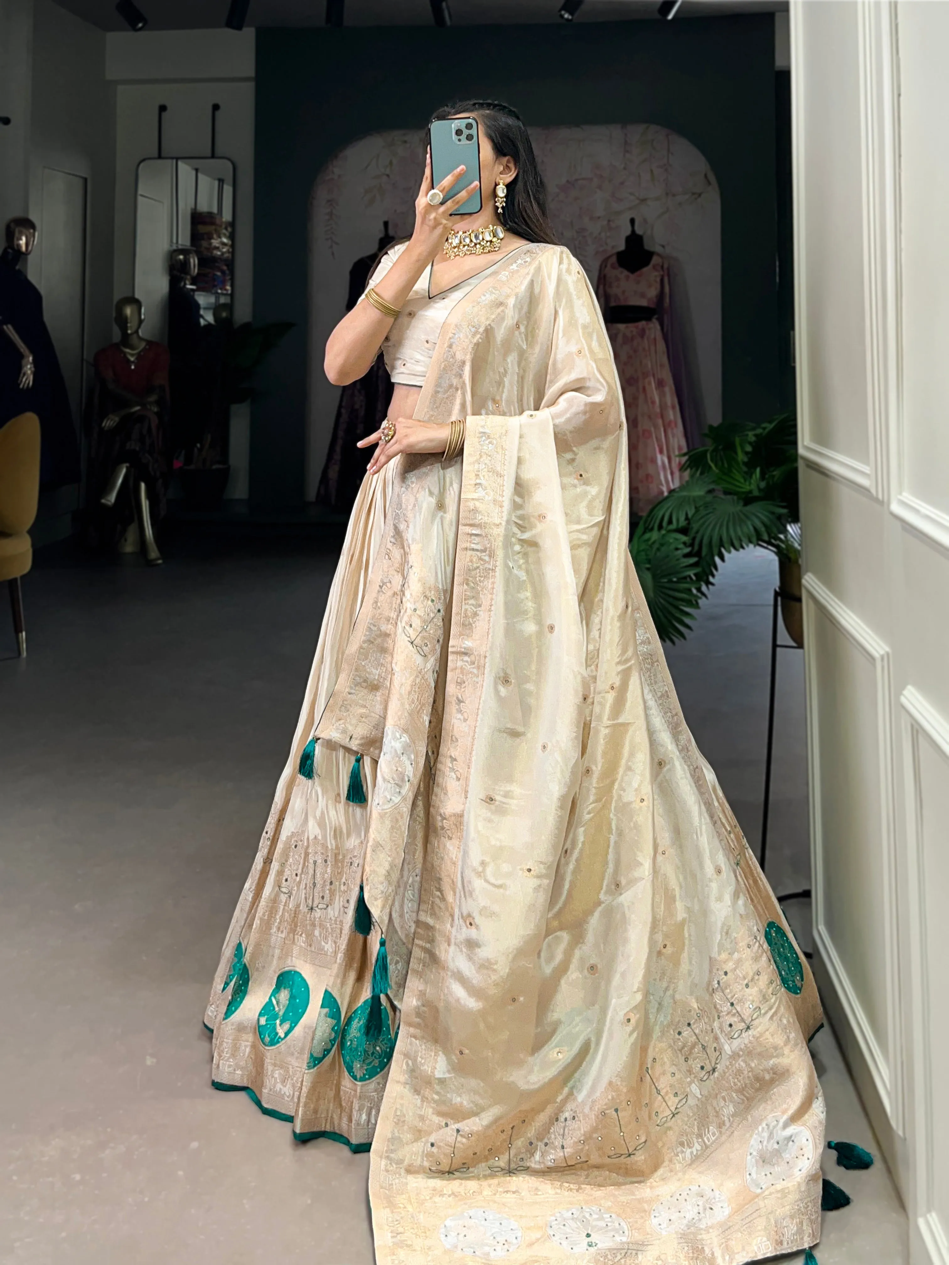 Bridge Green Pure Shimmer With Weaving Work Lehenga Choli