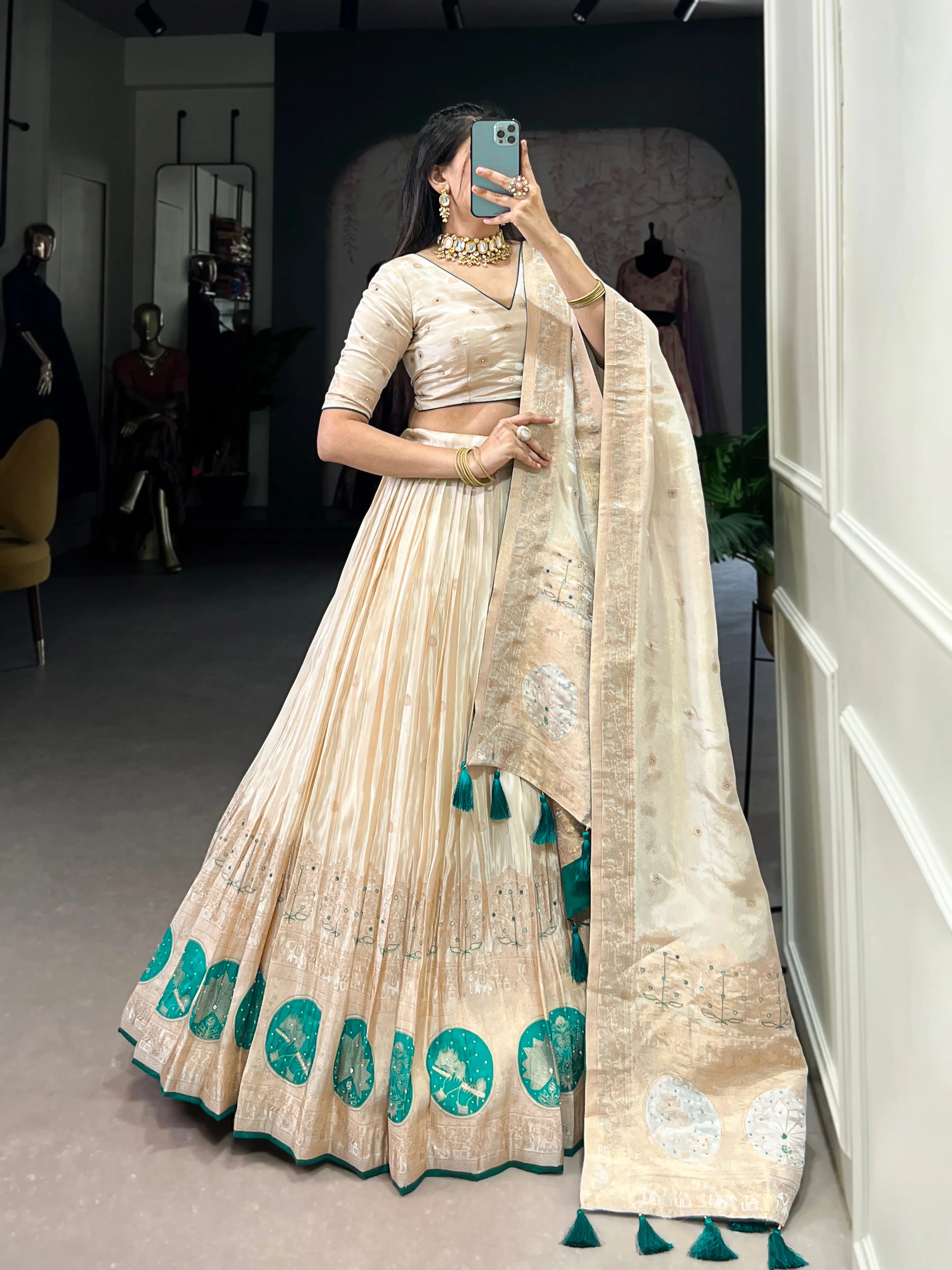 Bridge Green Pure Shimmer With Weaving Work Lehenga Choli