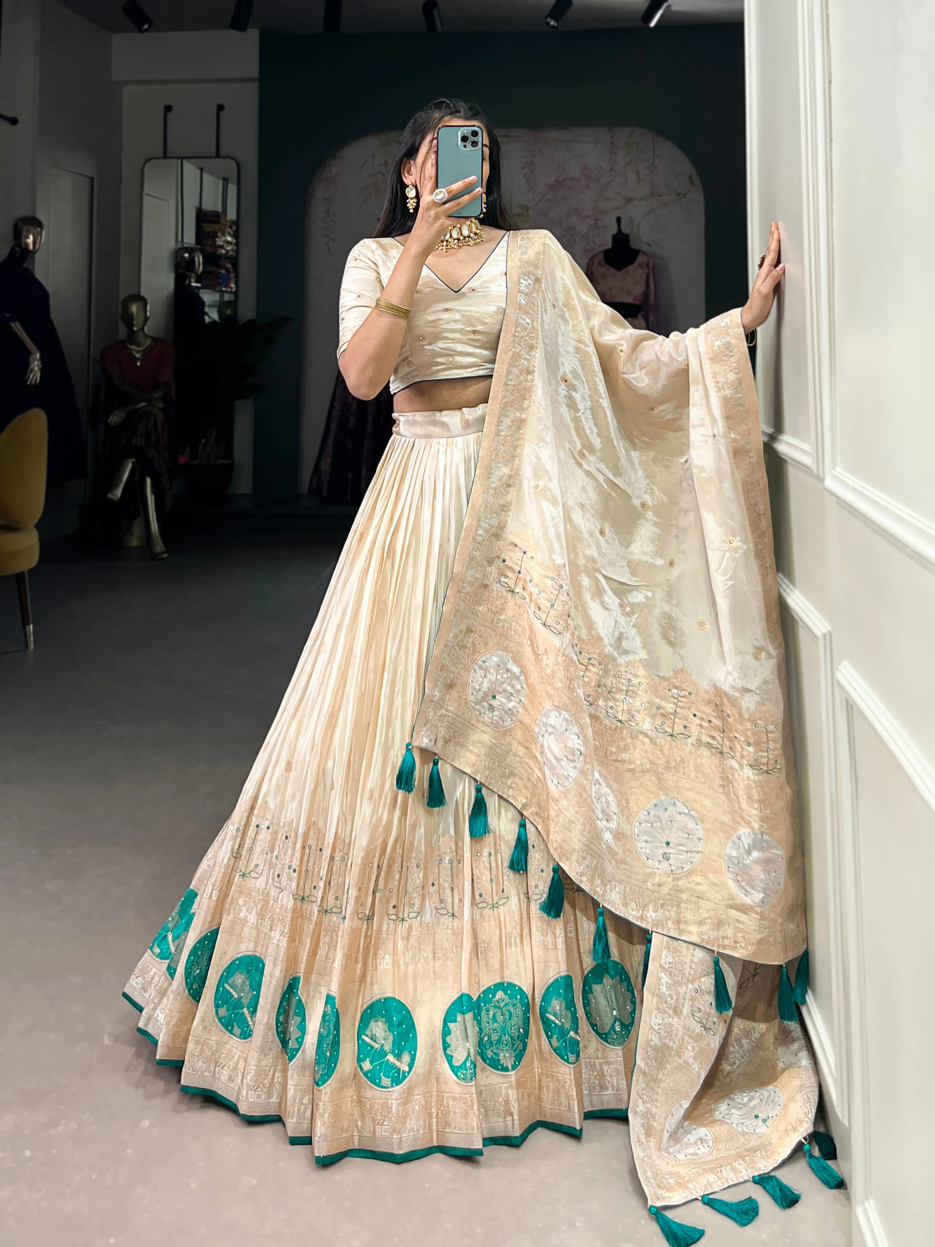 Bridge Green Pure Shimmer With Weaving Work Lehenga Choli
