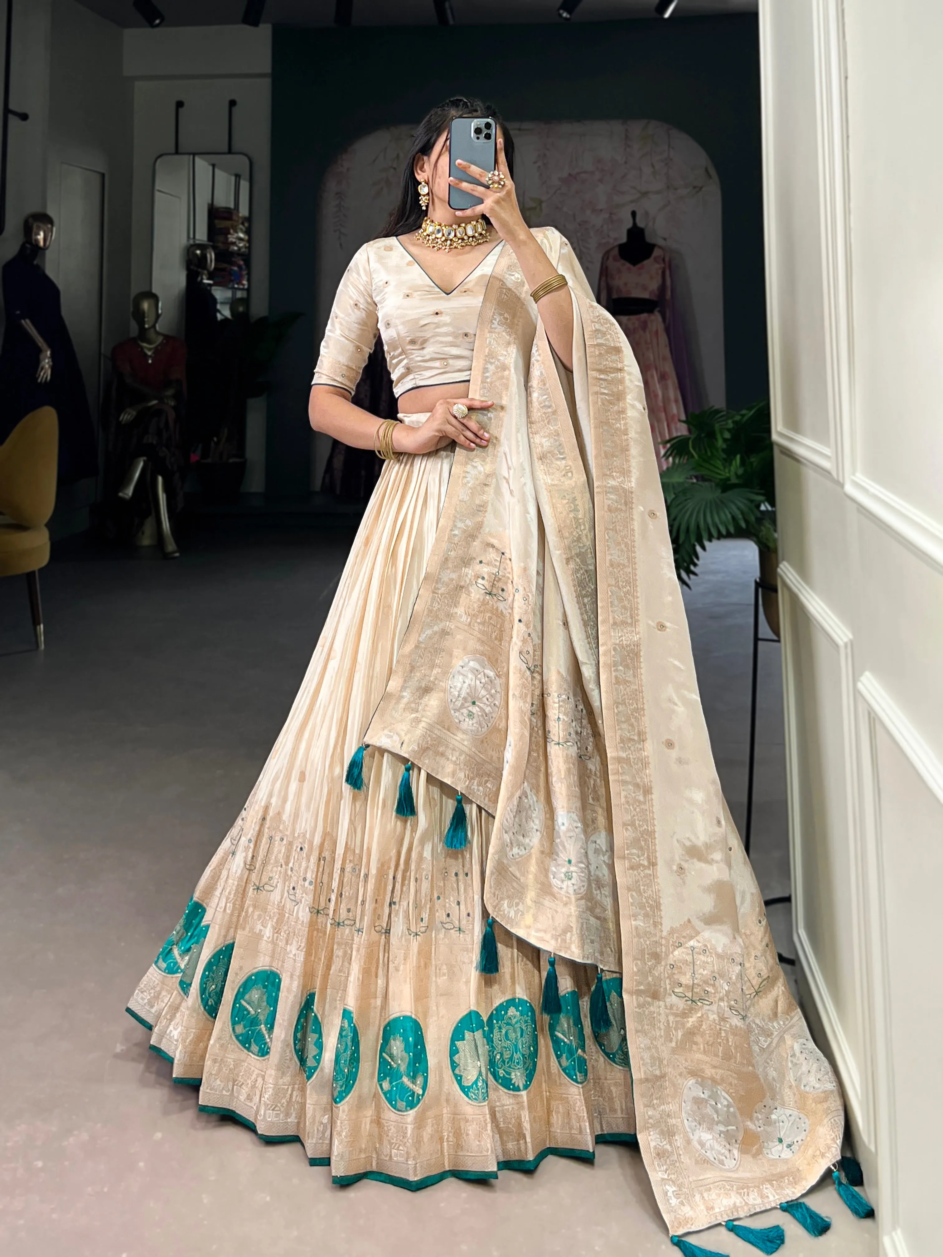 Bridge Green Pure Shimmer With Weaving Work Lehenga Choli