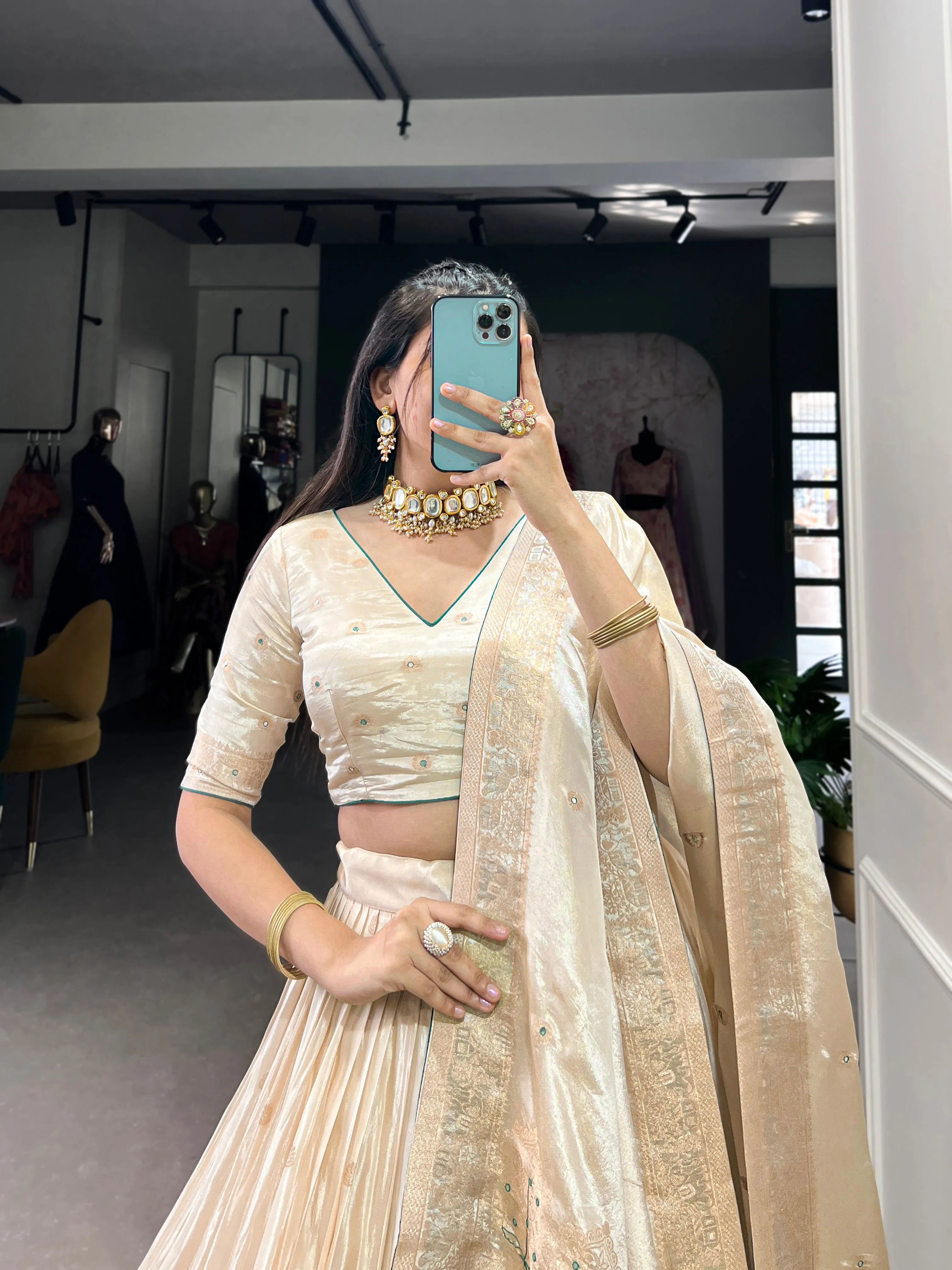 Bridge Green Pure Shimmer With Weaving Work Lehenga Choli