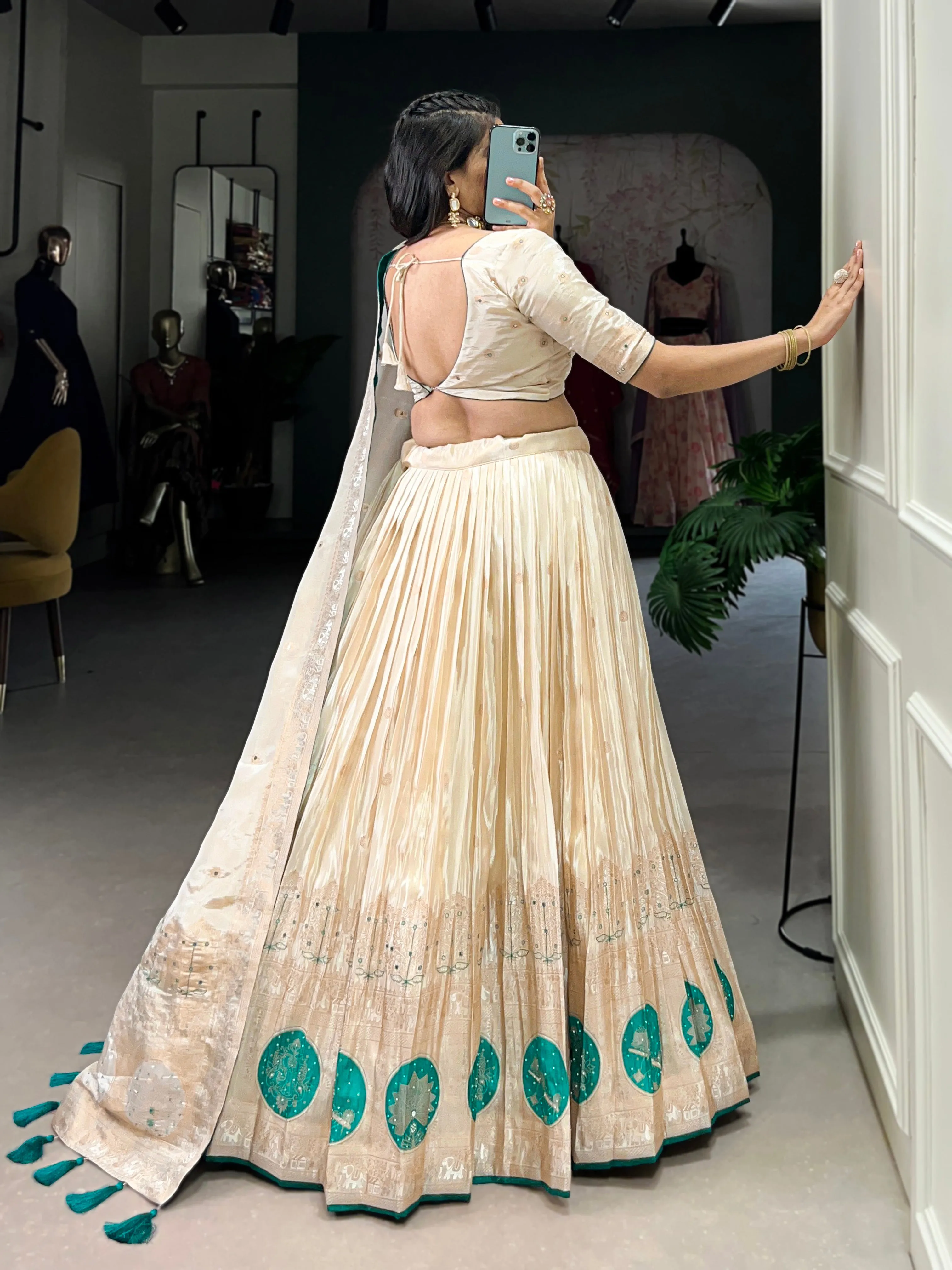 Bridge Green Pure Shimmer With Weaving Work Lehenga Choli