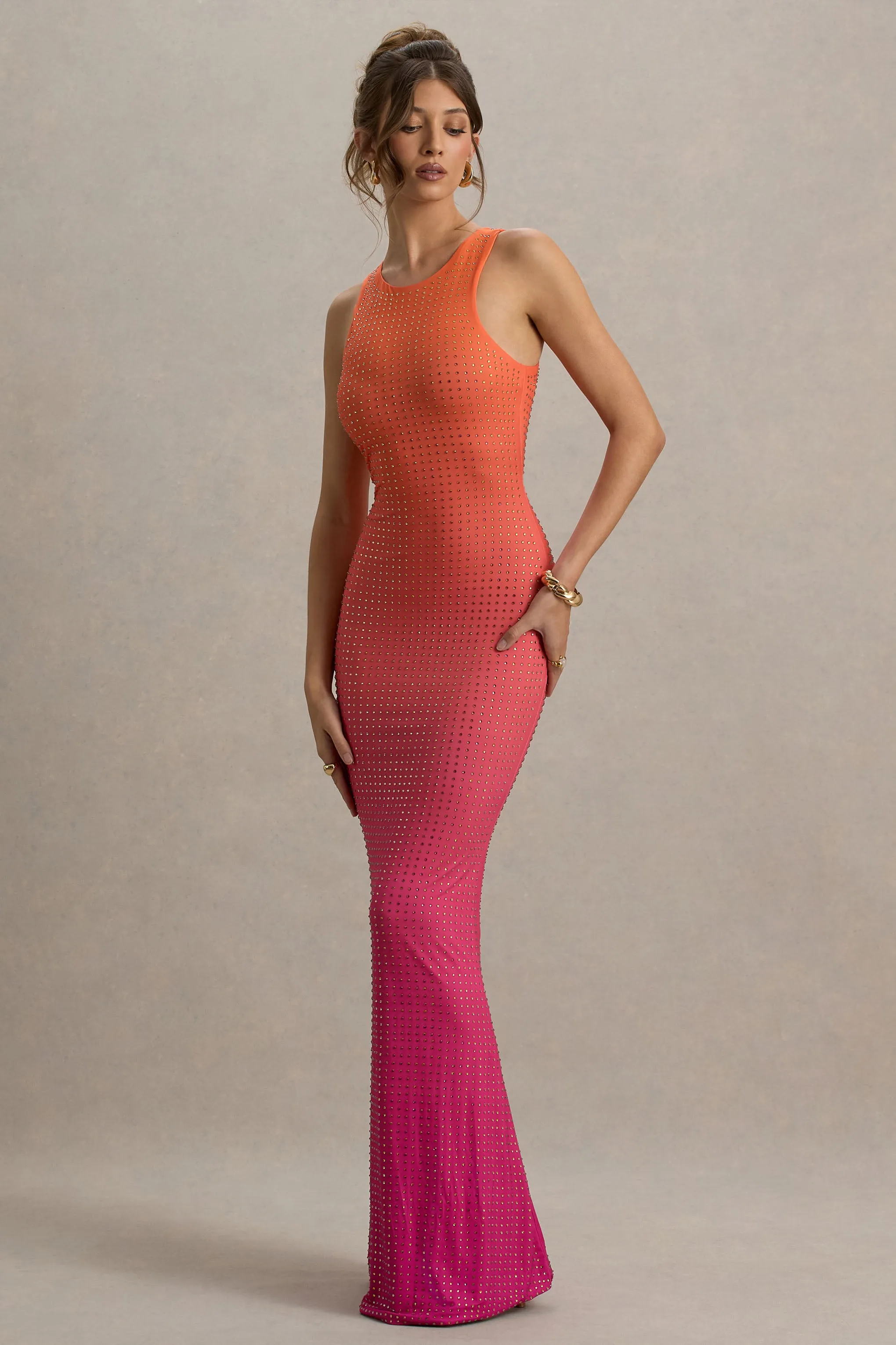 Escala | Pink & Orange Ombre Embellished Racer-Neck Maxi Dress