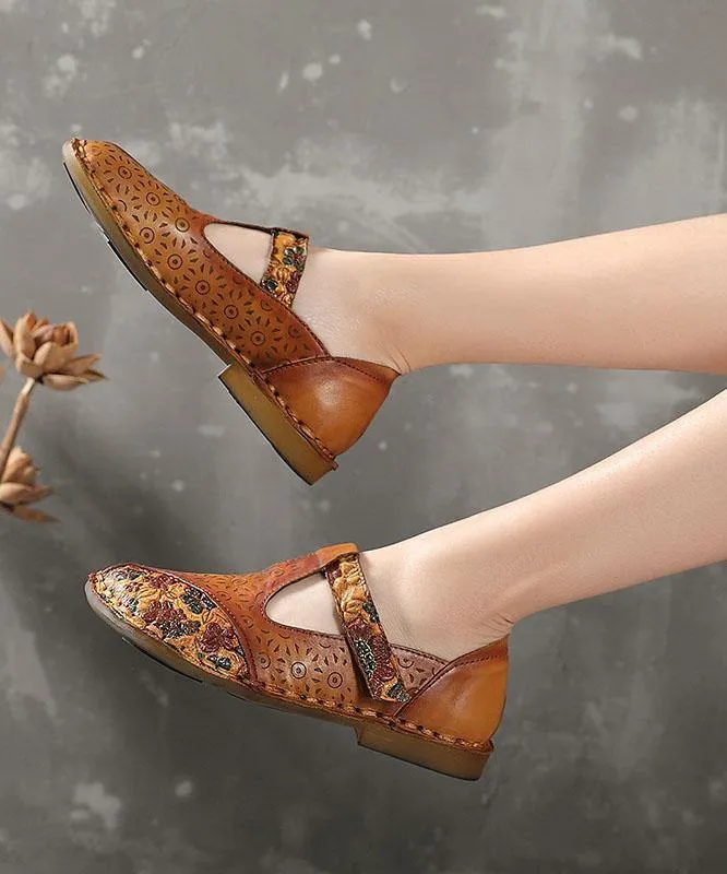Genuine Leather Brown Flat Shoes Embossed Flats