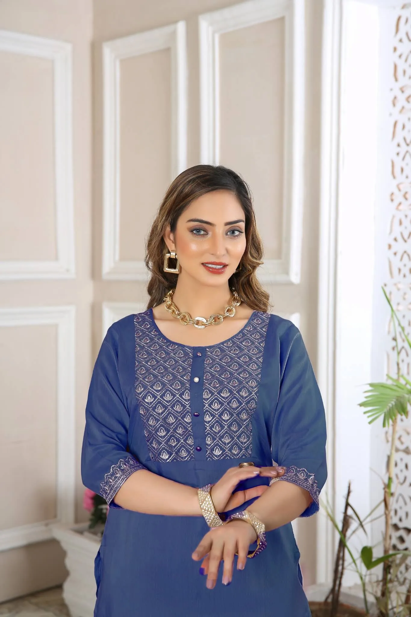 Kurta Set for Women Embroidered Viscose Blue | Buy Online USA – IshDeena