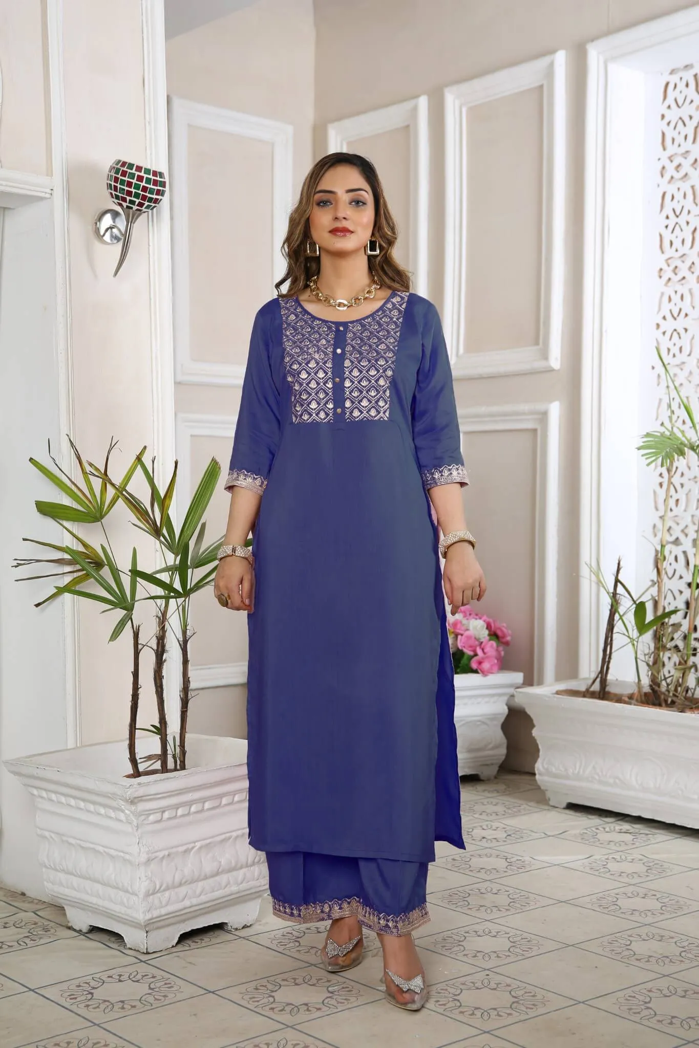 Kurta Set for Women Embroidered Viscose Blue | Buy Online USA – IshDeena