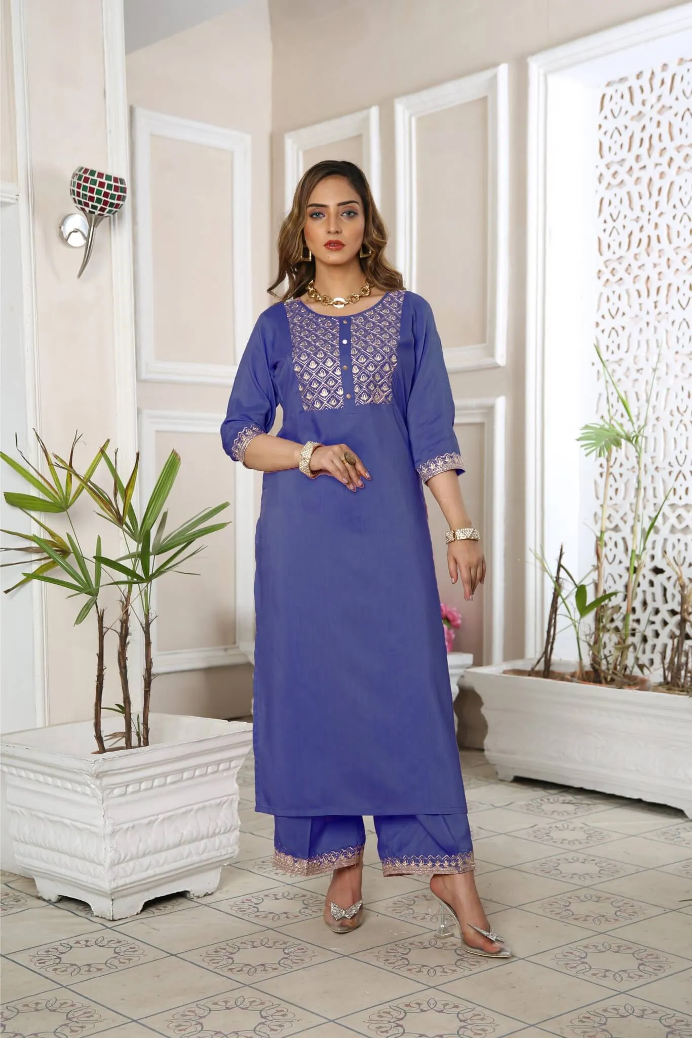 Kurta Set for Women Embroidered Viscose Blue | Buy Online USA – IshDeena