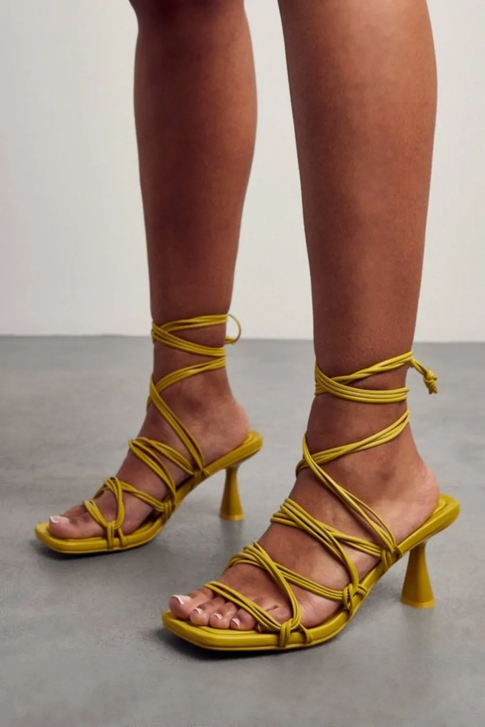 Lime Low Heel Strappy Sandal with Square Toe & Leg Tie