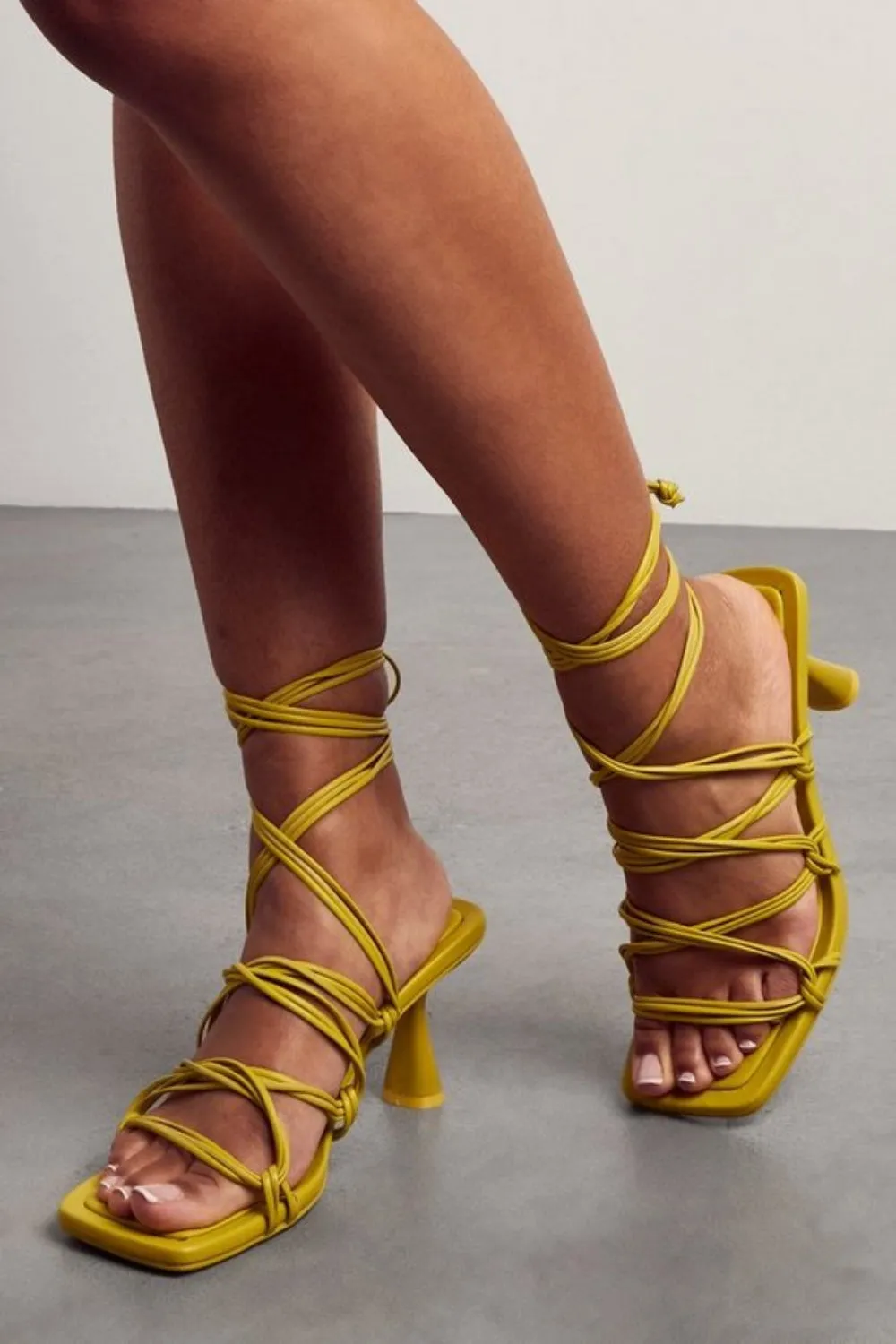 Lime Low Heel Strappy Sandal with Square Toe & Leg Tie