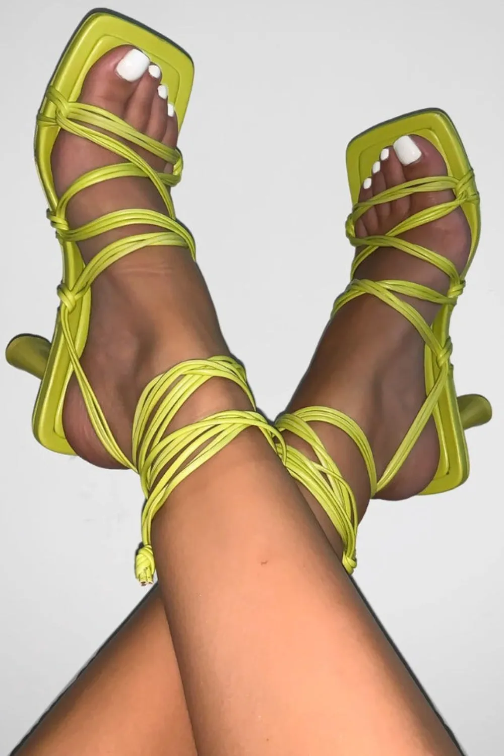 Lime Low Heel Strappy Sandal with Square Toe & Leg Tie
