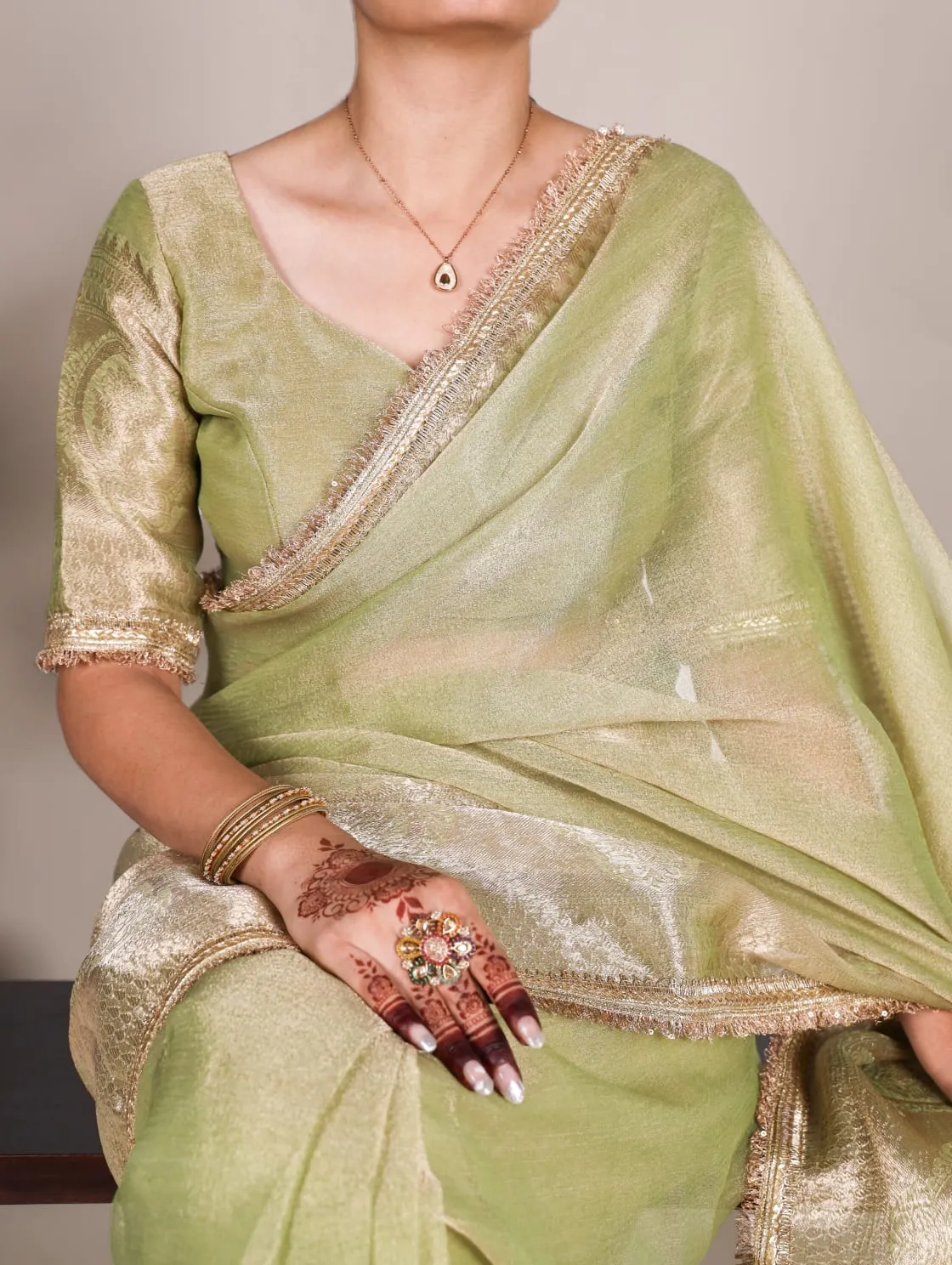 Pista Tissue Shimmer Zari Weaving Work Tissue Saree