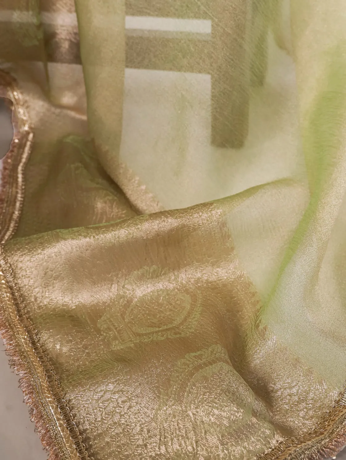 Pista Tissue Shimmer Zari Weaving Work Tissue Saree