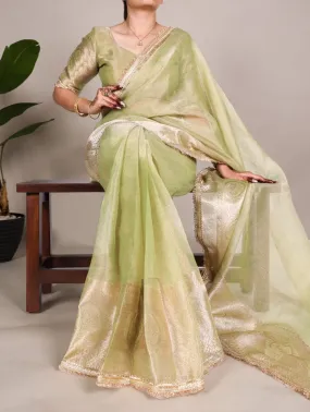 Pista Tissue Shimmer Zari Weaving Work Tissue Saree
