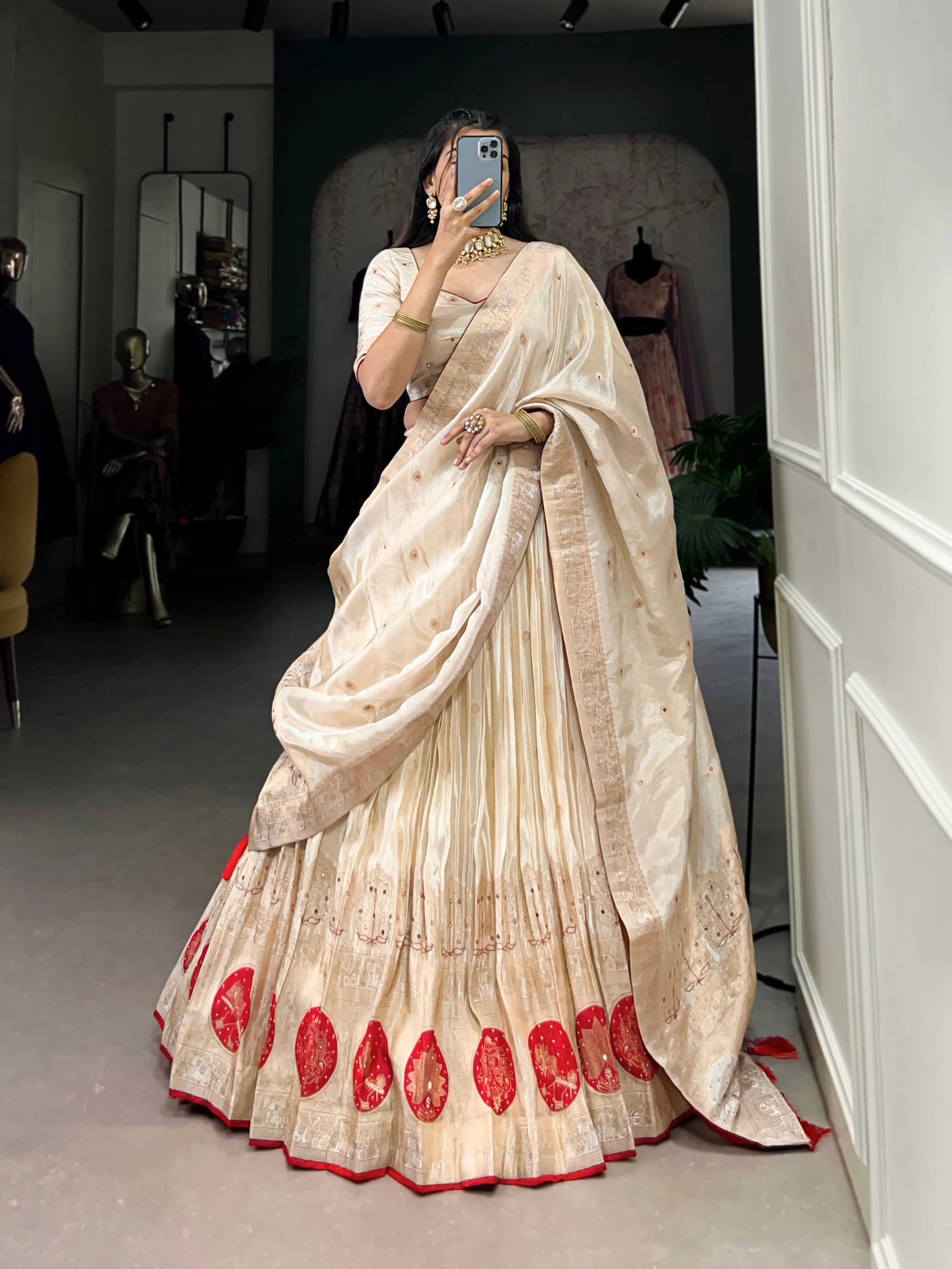 Red Pure Shimmer With Weaving Work Lehenga Choli