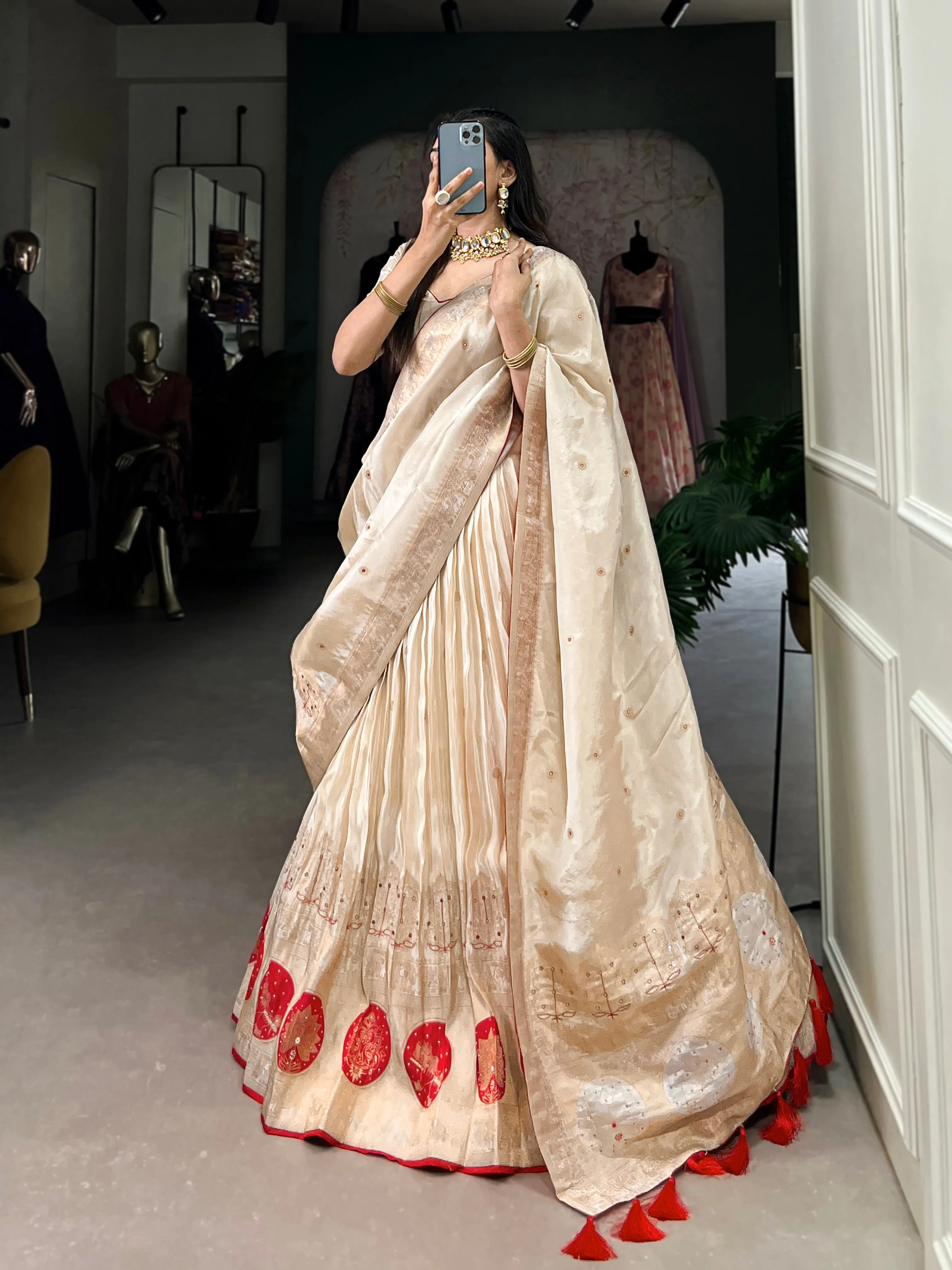 Red Pure Shimmer With Weaving Work Lehenga Choli