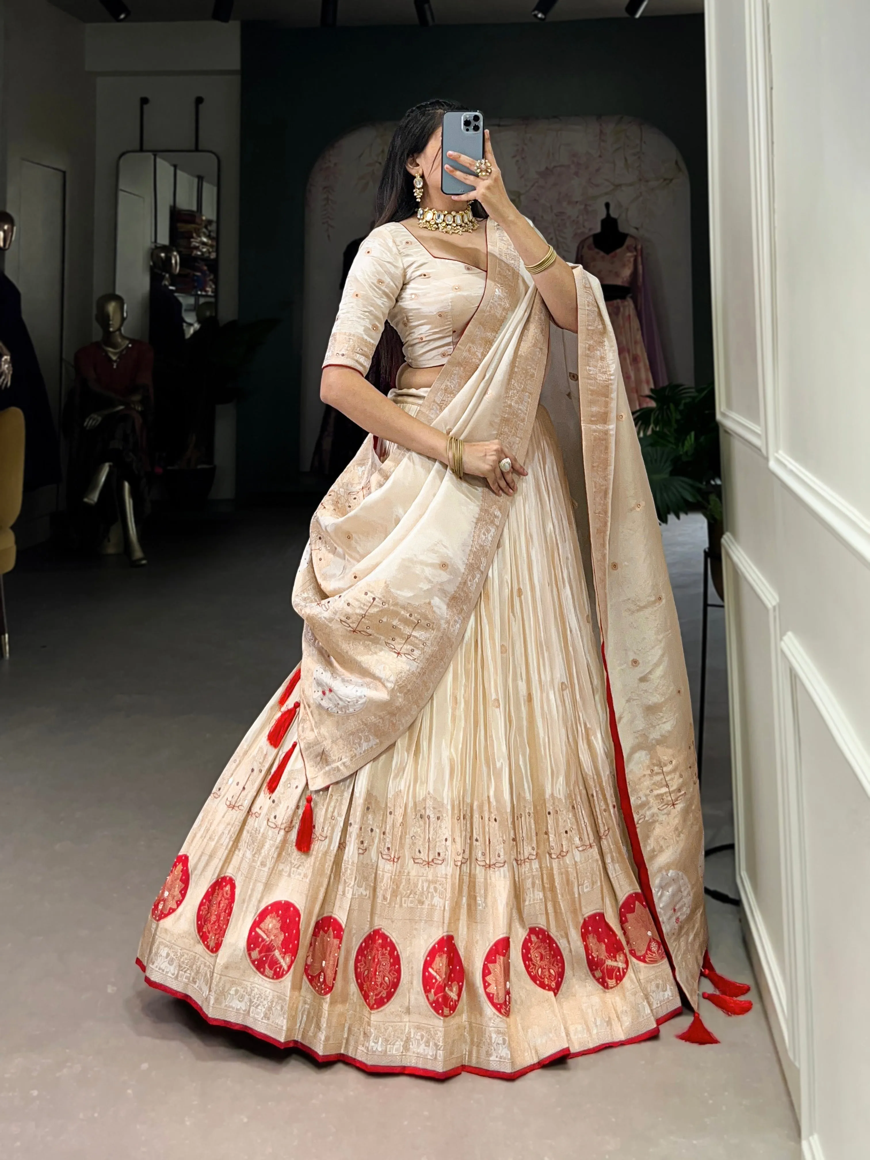 Red Pure Shimmer With Weaving Work Lehenga Choli