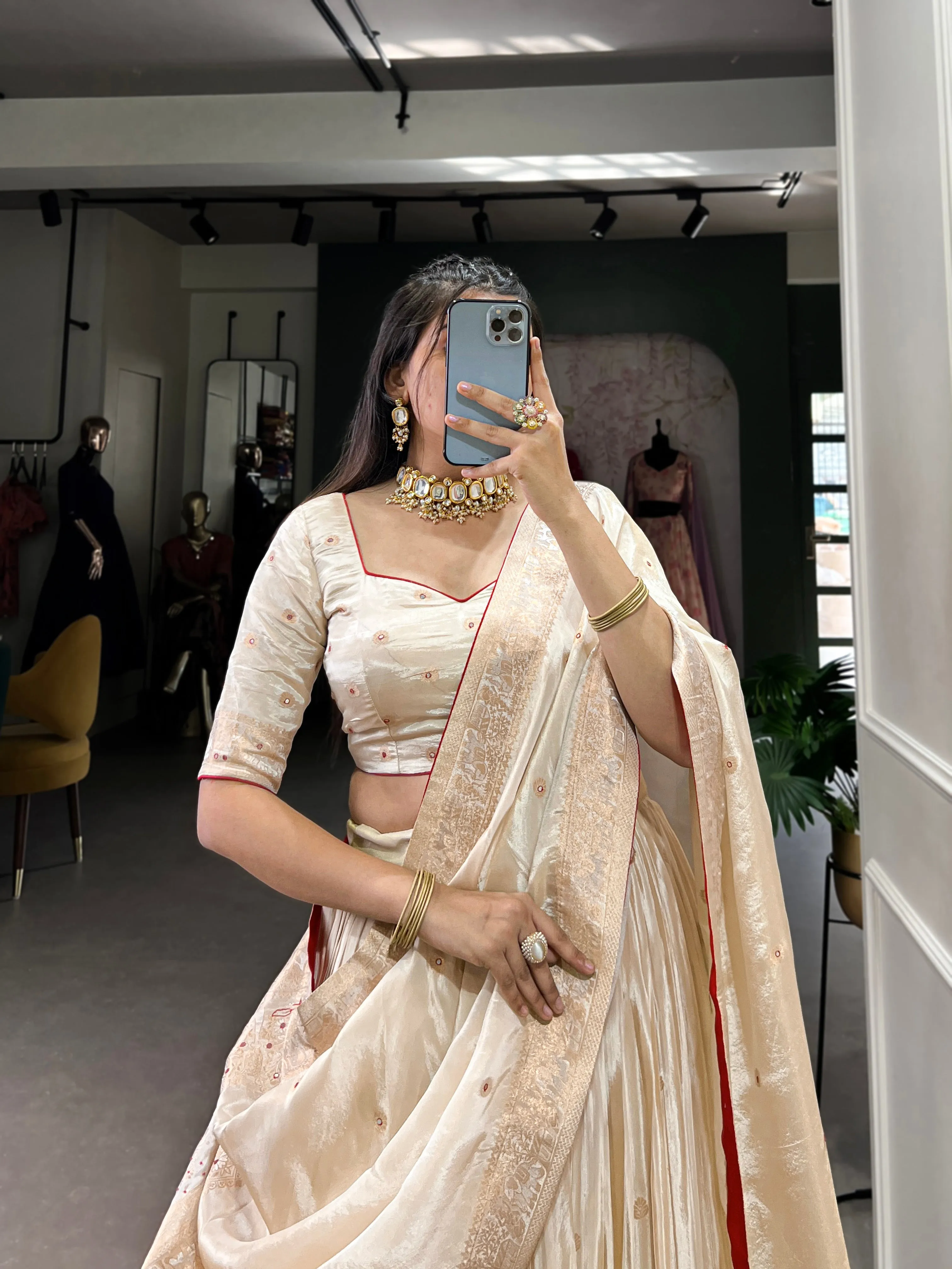 Red Pure Shimmer With Weaving Work Lehenga Choli