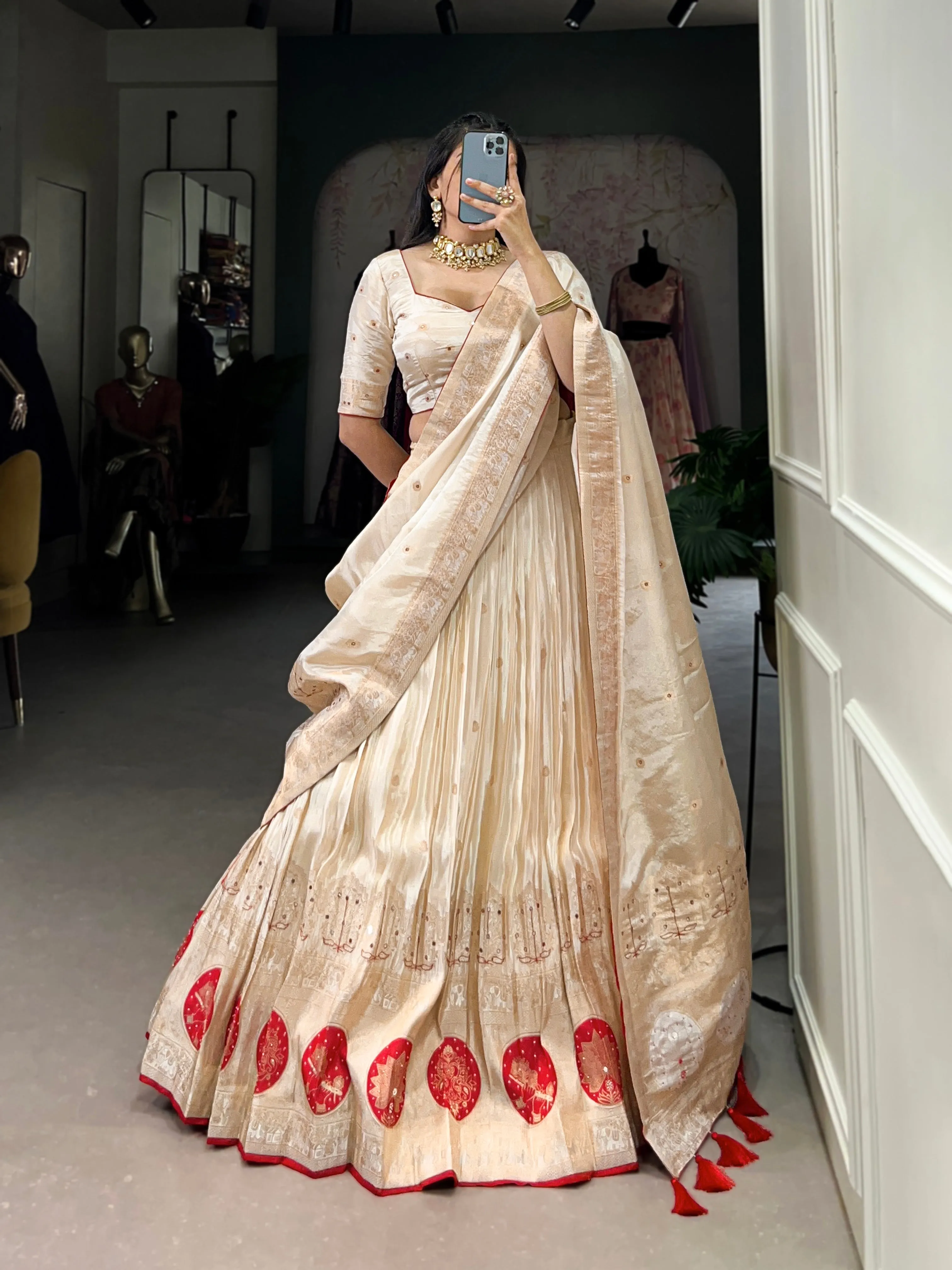 Red Pure Shimmer With Weaving Work Lehenga Choli