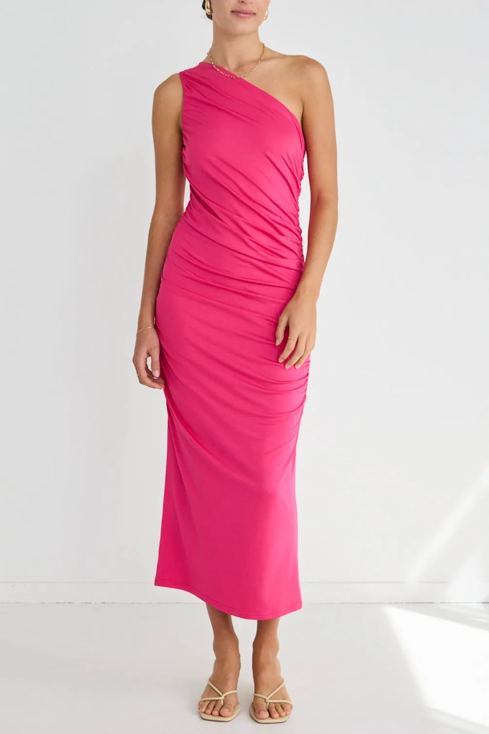 Rhapsody Pink One Shoulder Ruched Midi Dress