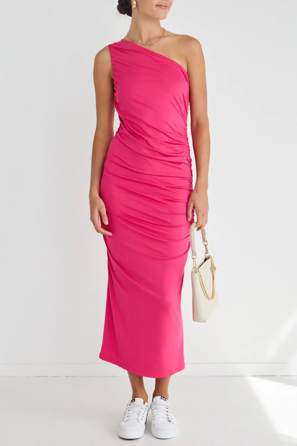 Rhapsody Pink One Shoulder Ruched Midi Dress