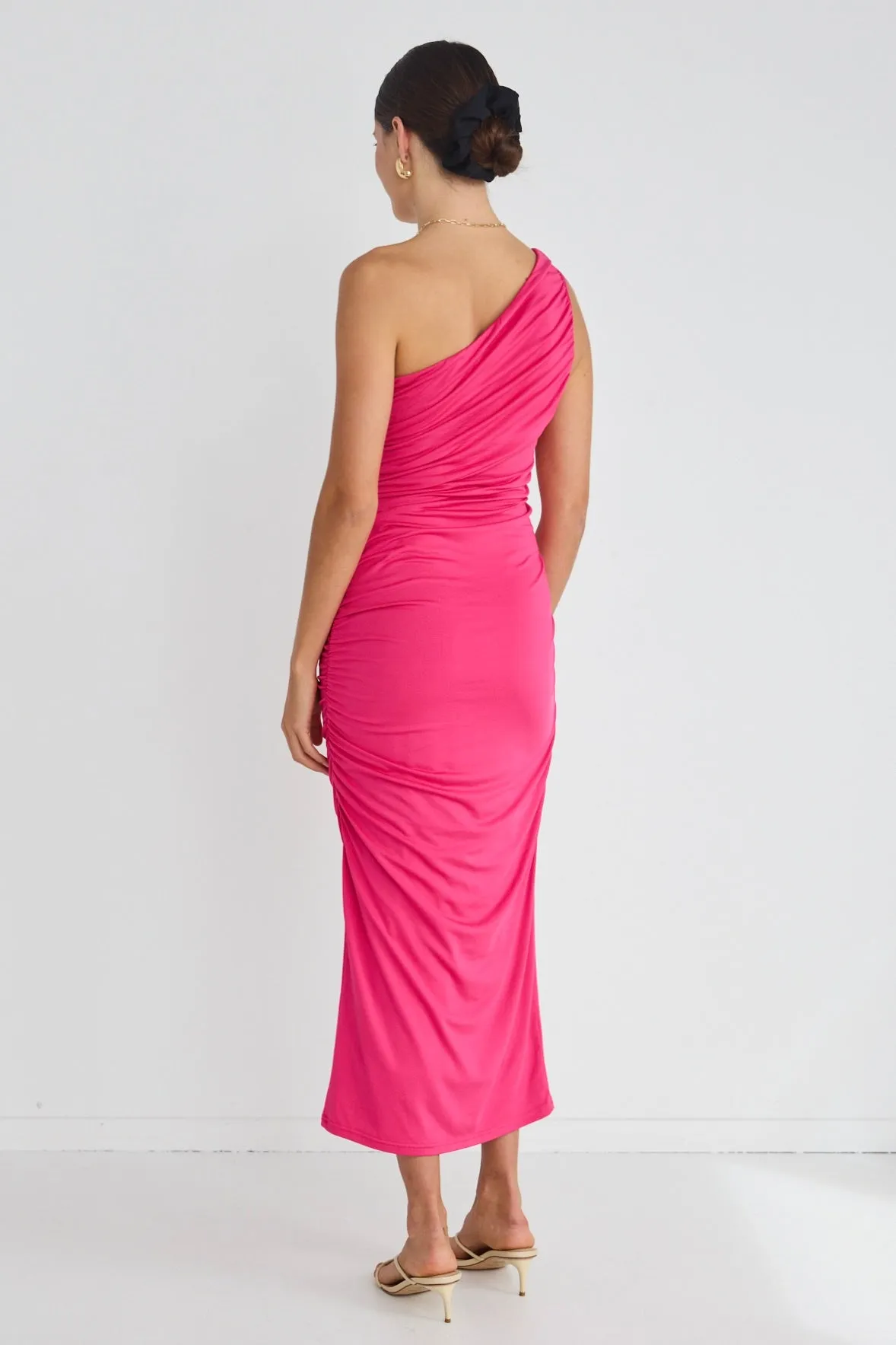 Rhapsody Pink One Shoulder Ruched Midi Dress