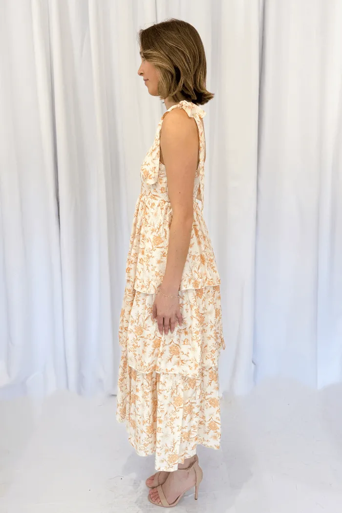 Tiered Floral Midi Dress in Orange