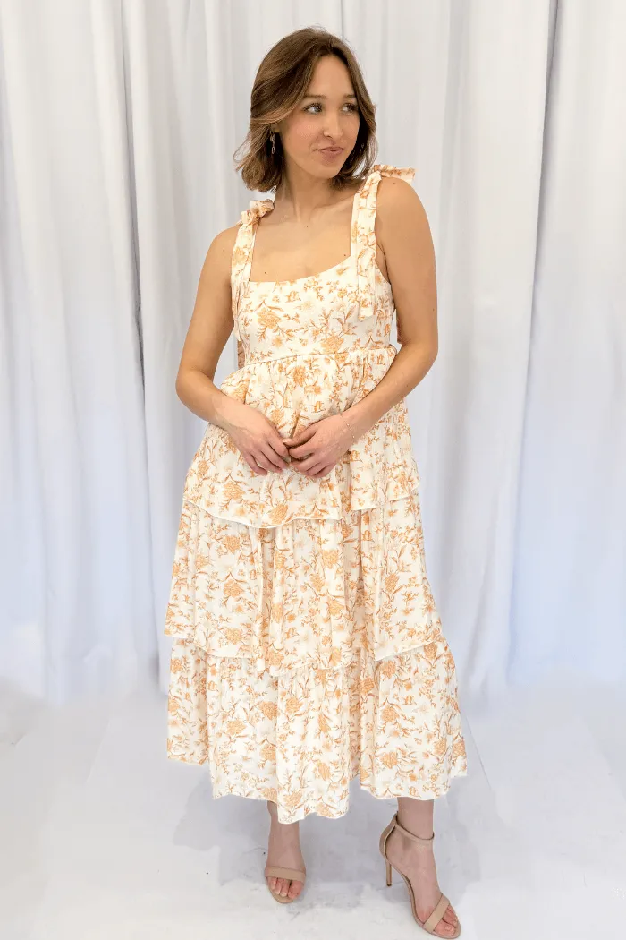 Tiered Floral Midi Dress in Orange