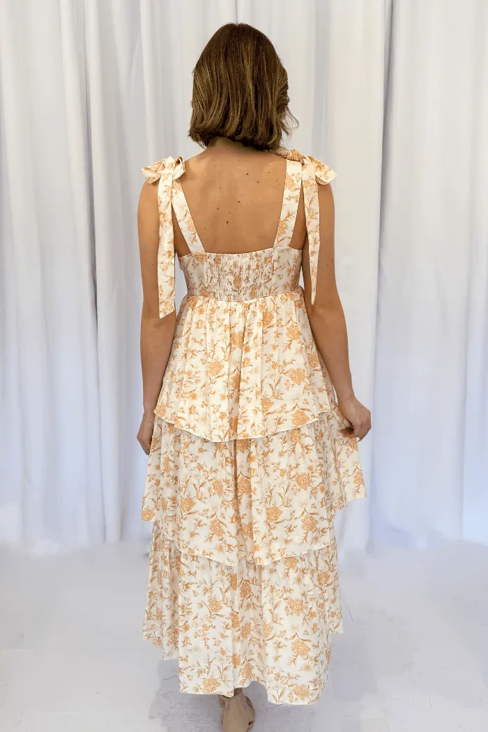 Tiered Floral Midi Dress in Orange