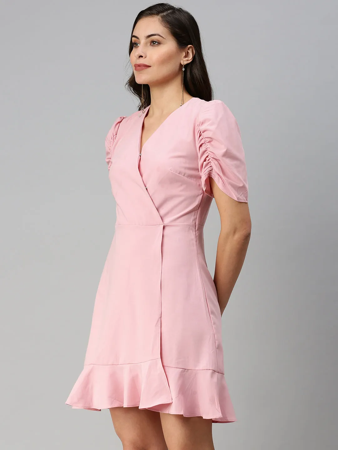 Women V-Neck Solid A-Line Pink Dress
