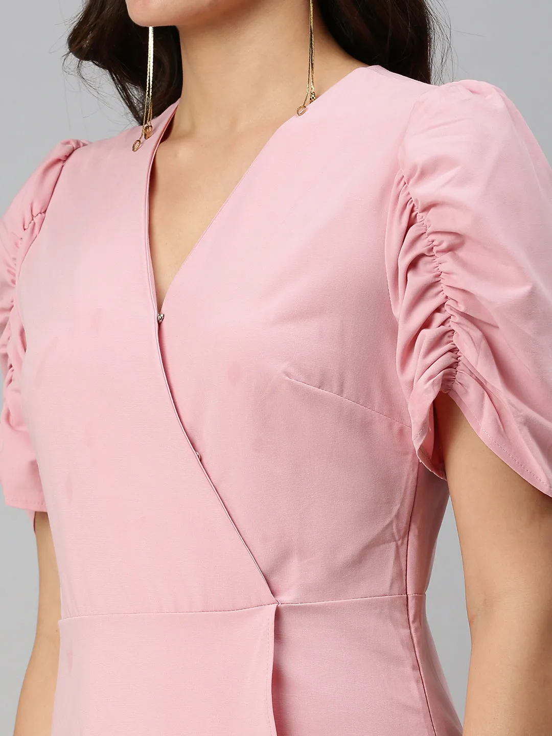 Women V-Neck Solid A-Line Pink Dress